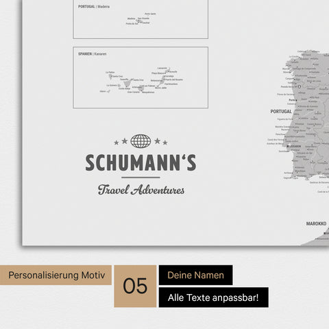 Magnetische Europa-Karte in einem modernen Design in Hellgrau als Magnetboard mit Personalisierung als Logo mit einer Weltkugel