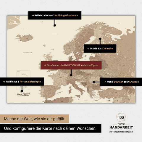 Magnetische Landkarte von Europa in der Farbe Multicolor Braun zeigt die vielen Konfigurationsmöglichkeiten von personalisierbaren Magnetboards