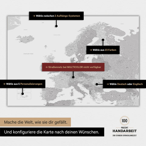 Magnetische Landkarte von Europa in der Farbe Multicolor Gray zeigt die vielen Konfigurationsmöglichkeiten von personalisierbaren Magnetboards