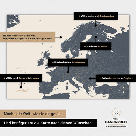 Magnetische Landkarte von Europa in der Farbe Navy Light zeigt die vielen Konfigurationsmöglichkeiten von personalisierbaren Magnetboards