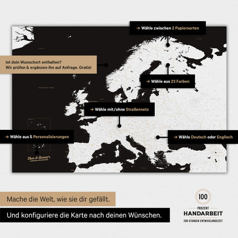 Magnetische Landkarte von Europa in der Farbe Schwarz-Weiss zeigt die vielen Konfigurationsmöglichkeiten von personalisierbaren Magnetboards