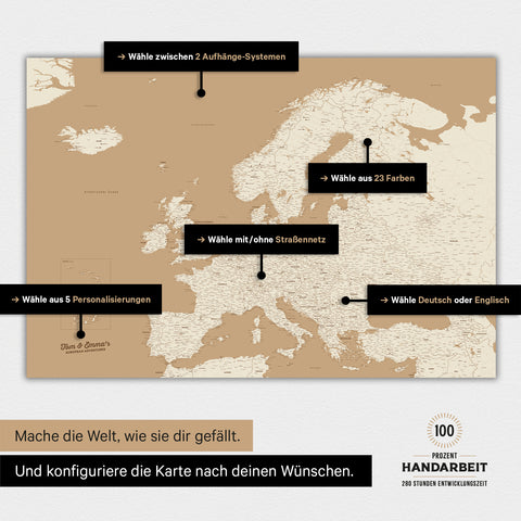 Magnetische Landkarte von Europa in der Farbe Treasure Gold zeigt die vielen Konfigurationsmöglichkeiten von personalisierbaren Magnetboards