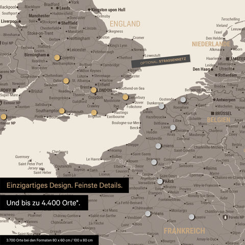 Ausschnitt einer magnetischen Europakarte in Warmgray (Braun-Grau) zeigt einen Ausschnitt von England, Frankreich und Belgien mit Details wie Nationalparks, Flüssen und zahlreichen kleineren Orten und Städten