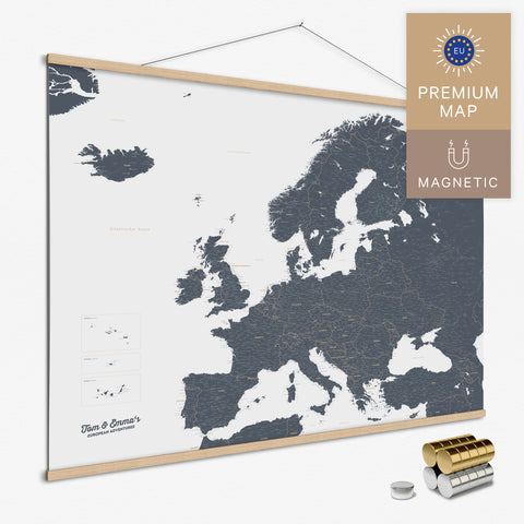 Magnetische Europakarte Magnet-Poster in der Farbe Denim Blue in modernem, minimalistischen Design zum Pinnen und Markieren von Reisezielen kaufen