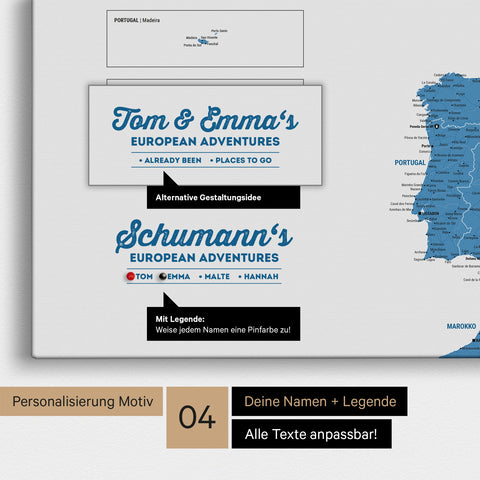 Europa Landkarte als Leinwand in Blau mit Personalisierung als Logo mit Familiennamen und Legende für Orte, die man bereits besucht hat und noch besuchen möchte