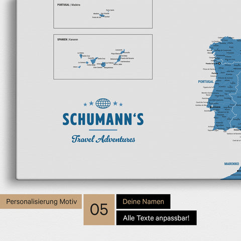 Europa-Karte in einem modernen Design in Blau als Pinn-Leinwand mit Personalisierung als Logo mit einer Weltkugel