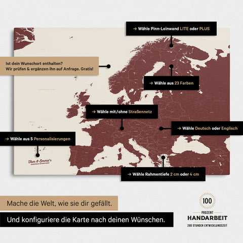 Landkarte von Europa in der Farbe Bordeaux Rot zeigt die vielen Konfigurationsmöglichkeiten von personalisierbaren Pinn-Leinwänden