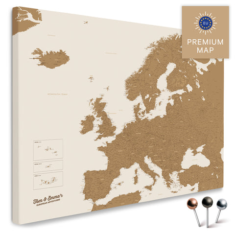 Europakarte in der Farbe Bronze in einem modernen, minimalistischem Design als Leinwand zum Pinnen von Reisen und Orten