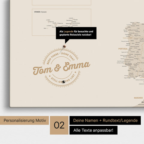 Europakarte Pinn-Leinwand in Gold mit Personalisierung als rundes Logo, das eine Legende für bereits besuchte Reiseziele im Rundtext beinhaltet