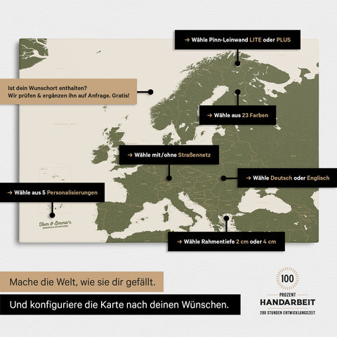 Landkarte von Europa in der Farbe Olive Grün zeigt die vielen Konfigurationsmöglichkeiten von personalisierbaren Pinn-Leinwänden