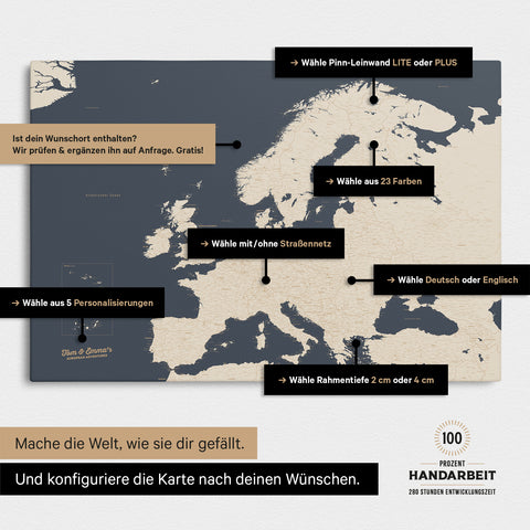 Landkarte von Europa in der Farbe Hale Navy (Blau-Gold) zeigt die vielen Konfigurationsmöglichkeiten von personalisierbaren Pinn-Leinwänden