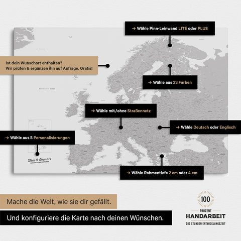 Landkarte von Europa in der Farbe Hellgrau zeigt die vielen Konfigurationsmöglichkeiten von personalisierbaren Pinn-Leinwänden