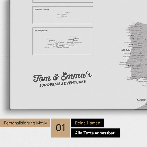 Landkarte von Europa als Pinnwand Leinwand in Hellgrau mit Personalisierung und Namen in einer modernen Schreibschrift