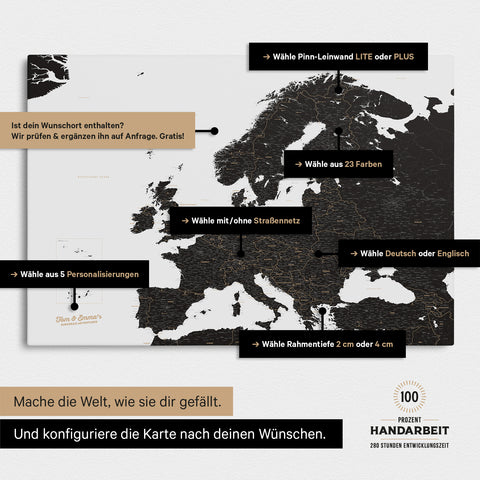 Landkarte von Europa in der Farbe Light Black (Weiß-Schwarz) zeigt die vielen Konfigurationsmöglichkeiten von personalisierbaren Pinn-Leinwänden