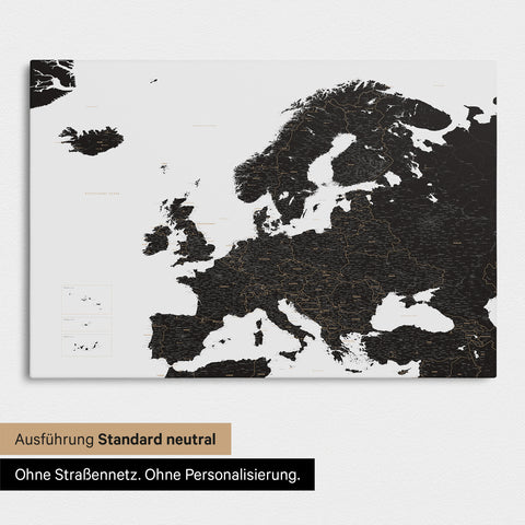 Neutrale Standard Ausführung der detaillierten Europakarte als Pinnwand Leinwand in Light Black (Weiß-Schwarz) ohne Personalisierung