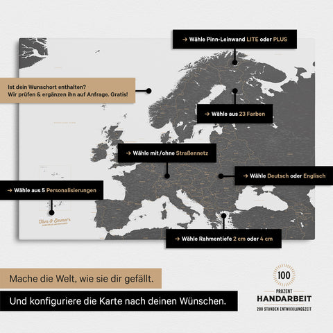 Landkarte von Europa in der Farbe Light Gray zeigt die vielen Konfigurationsmöglichkeiten von personalisierbaren Pinn-Leinwänden