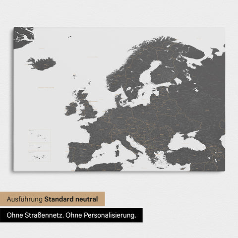 Neutrale Standard Ausführung der detaillierten Europakarte als Pinnwand Leinwand in Light Gray ohne Personalisierung