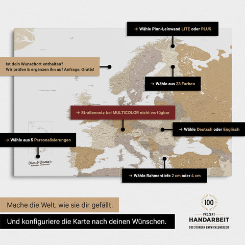 Landkarte von Europa in der Farbe Multicolor Beige zeigt die vielen Konfigurationsmöglichkeiten von personalisierbaren Pinn-Leinwänden