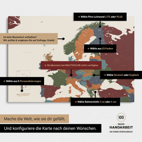 Landkarte von Europa in der Farbe Multicolor Vivid zeigt die vielen Konfigurationsmöglichkeiten von personalisierbaren Pinn-Leinwänden