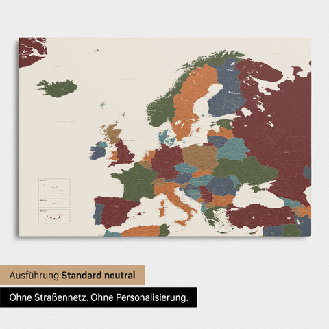 Neutrale Standard Ausführung der detaillierten Europakarte als Pinnwand Leinwand in Multicolor Vivid ohne Personalisierung