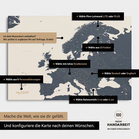 Landkarte von Europa in der Farbe Navy Light zeigt die vielen Konfigurationsmöglichkeiten von personalisierbaren Pinn-Leinwänden