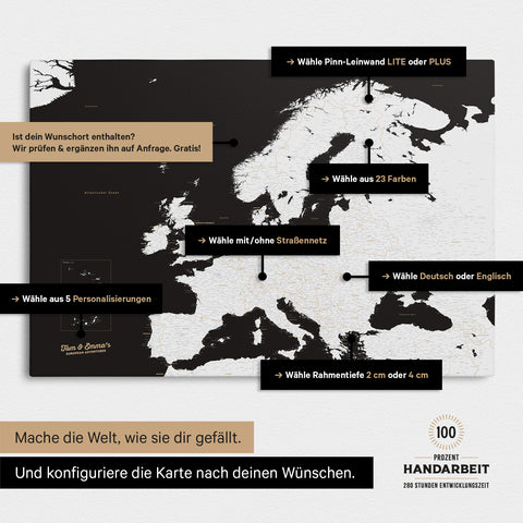 Landkarte von Europa in der Farbe Schwarz-Weiss zeigt die vielen Konfigurationsmöglichkeiten von personalisierbaren Pinn-Leinwänden