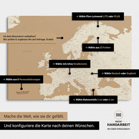 Landkarte von Europa in der Farbe Treasure Gold zeigt die vielen Konfigurationsmöglichkeiten von personalisierbaren Pinn-Leinwänden