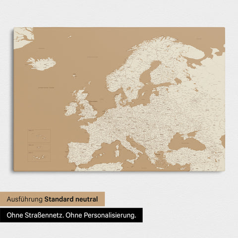 Neutrale Standard Ausführung der detaillierten Europakarte als Pinnwand Leinwand in Treasure Gold ohne Personalisierung