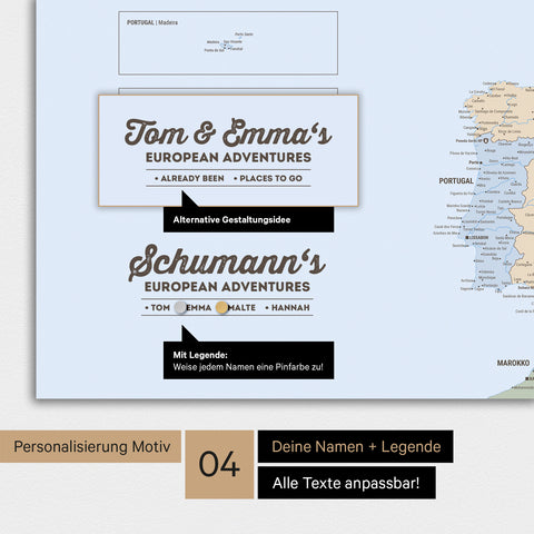 Politische Europakarte als Magnettafel in Multicolor Atlas mit Personalisierung als Logo mit Familiennamen und Legende