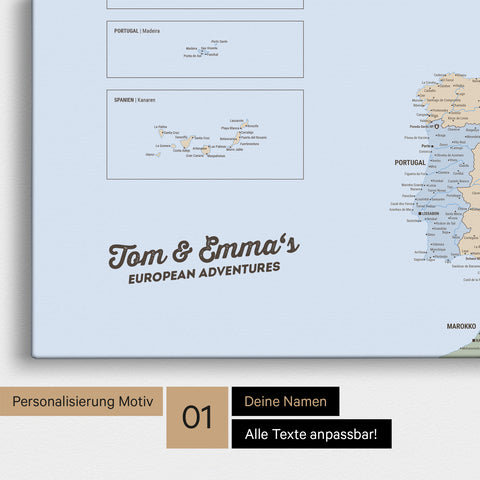 Landkarte von Politische Europa als Pinnwand Leinwand in Multicolor Atlas mit Personalisierung und Namen in einer modernen Schreibschrift