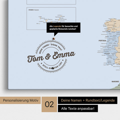 Politische Europakarte Pinn-Leinwand in Multicolor Atlas mit Personalisierung als rundes Logo, das eine Legende für bereits besuchte Reiseziele im Rundtext beinhaltet