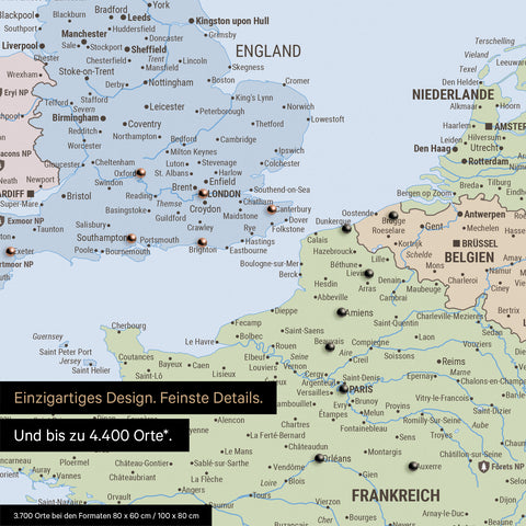 Politische Europa Landkarte in Multicolor Atlas als Leinwand zum Pinnen zeigt einen Ausschnitt von England, Frankreich und Belgien mit vielen Details wie Nationalparks, Flüssen und zahlreichen kleinen Orten und Städten, die teilweise mit Pins markiert sind