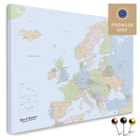 Politische Europakarte in der Farbe Multicolor Atlas in einem modernen, minimalistischem Design als Leinwand zum Pinnen von Reisen und Orten