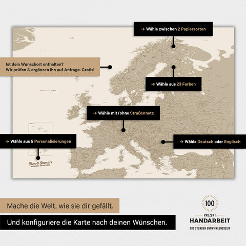 Landkarte von Europa als Poster in der Farbe Desert Sand (Beige) zeigt die vielen Konfigurationsmöglichkeiten