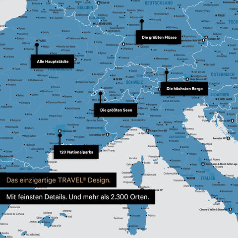 Robustes Poster als Europa Karte in Blau zum Pinnen von Reisen