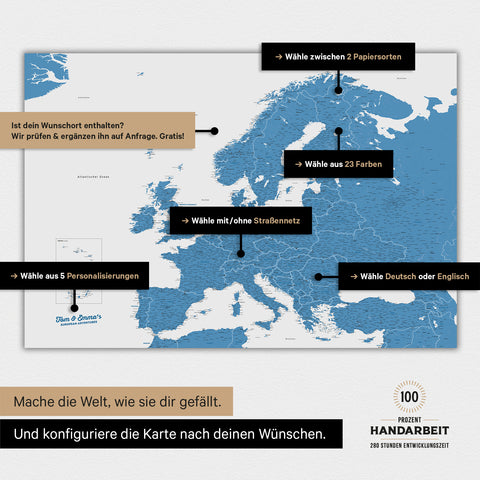 Landkarte von Europa als Poster in der Farbe Blau zeigt die vielen Konfigurationsmöglichkeiten