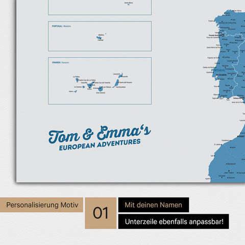 Europa Karte als Poster in Blau mit Personalisierung und Namen