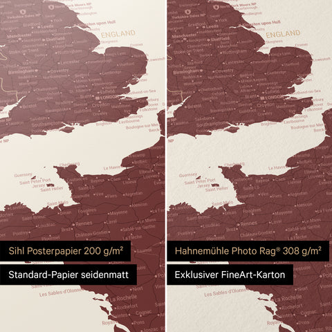 Europakarte Poster in Bordeaux Rot, erhältlich in den Papiersorten Sihl Posterpapier seidenmatt oder Hahnemühle Photo Rag