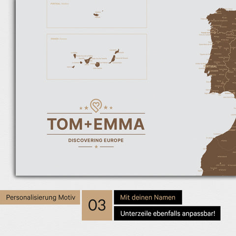 Europakarte als Poster in Braun mit alternativer Personalisierung in einem sehr modernen Erscheinungsbild