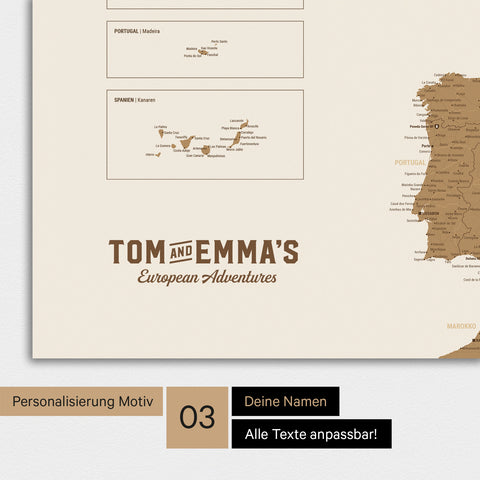 Europakarte als Poster in Bronze mit alternativer Personalisierung in einem sehr modernen Erscheinungsbild