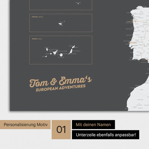 Europa Karte als Poster in Dunkelgrau mit Personalisierung und Namen