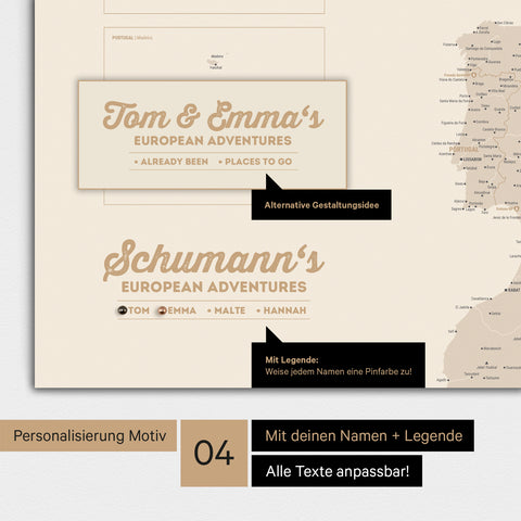 Europa Karte als Poster in Gold mit Personalisierung als Logo mit Familiennamen
