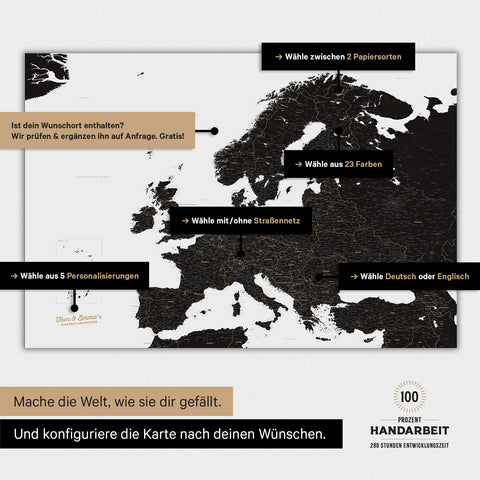 Landkarte von Europa als Poster in der Farbe Light Black (Weiß-Schwarz) zeigt die vielen Konfigurationsmöglichkeiten