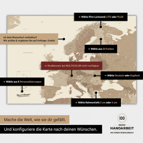 Landkarte von Europa als Poster in der Farbe Multicolor Brown zeigt die vielen Konfigurationsmöglichkeiten