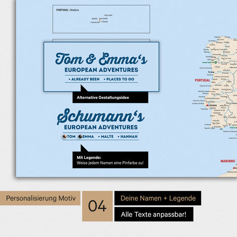 Europakarte als Poster in Multicolor Classic mit Personalisierung als Logo mit Familiennamen und Legende für Orte, die man bereits besucht hat und noch besuchen möchte