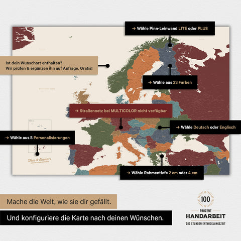 Landkarte von Europa als Poster in der Farbe Multicolor Vivid zeigt die vielen Konfigurationsmöglichkeiten