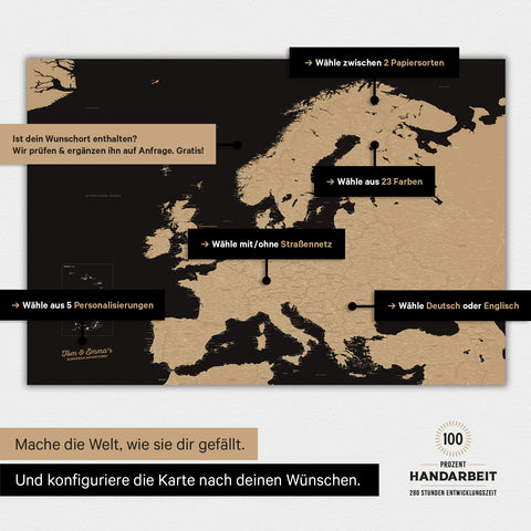 Landkarte von Europa als Poster in der Farbe Sonar Black (Schwarz-Gold) zeigt die vielen Konfigurationsmöglichkeiten