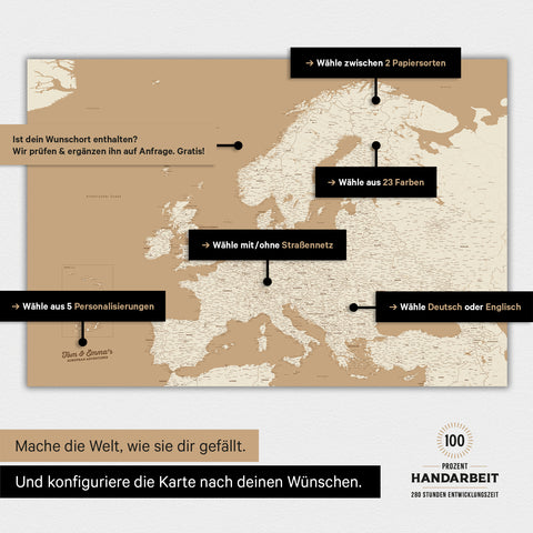 Landkarte von Europa als Poster in der Farbe Treasure Gold zeigt die vielen Konfigurationsmöglichkeiten