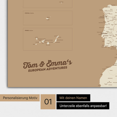Europa Karte als Poster in Treasure Gold mit Personalisierung und Namen