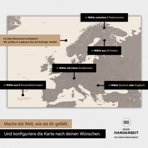 Landkarte von Europa als Poster in der Farbe Warmgray (Braun-Grau) zeigt die vielen Konfigurationsmöglichkeiten